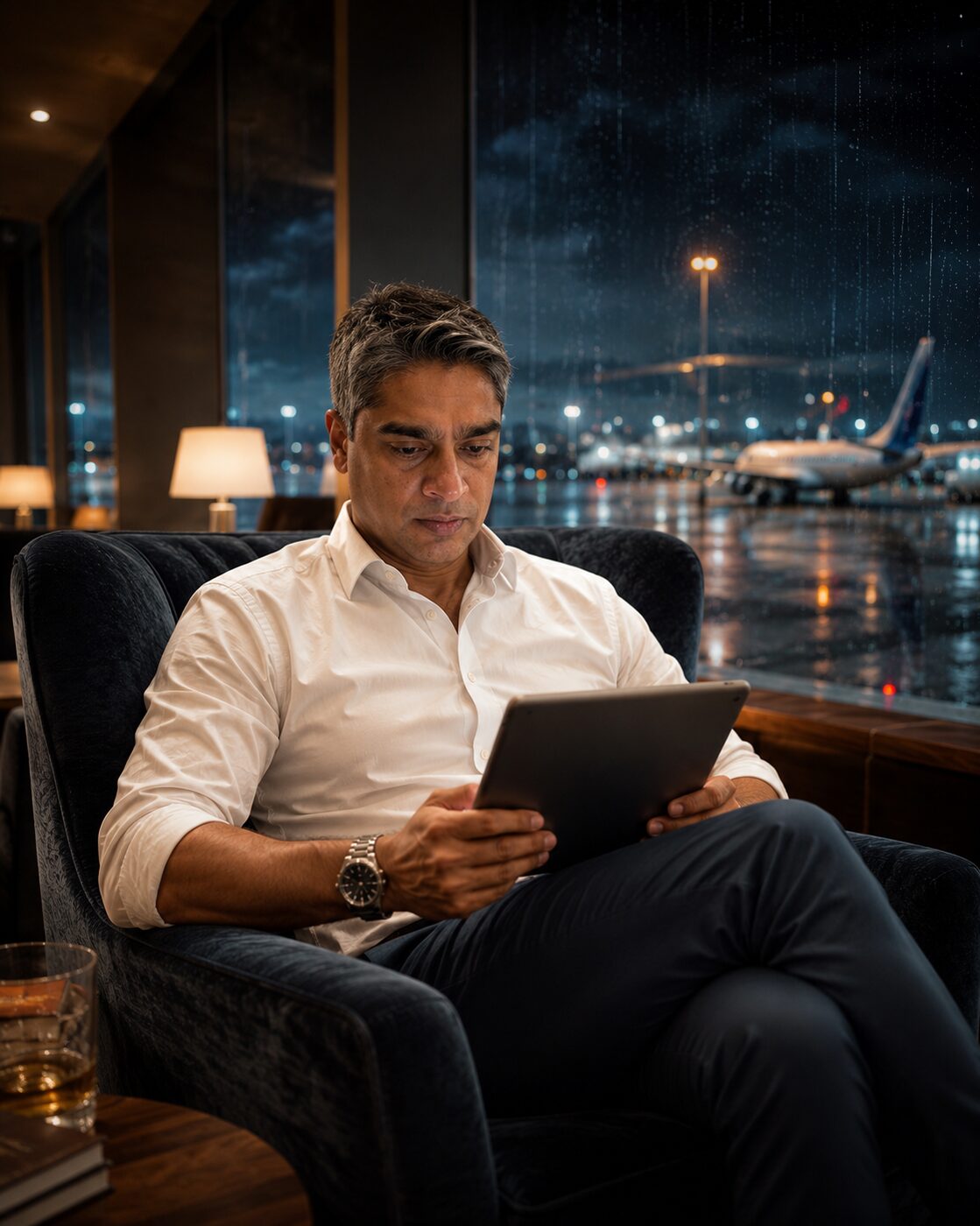 Sonjoy Ganguly reviewing work on a tablet at an airport lounge at night